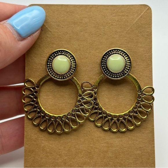 Boho Filigree Gold Tone Hoop Stud Earrings with Pale Green Medallion - Picture 7 of 8